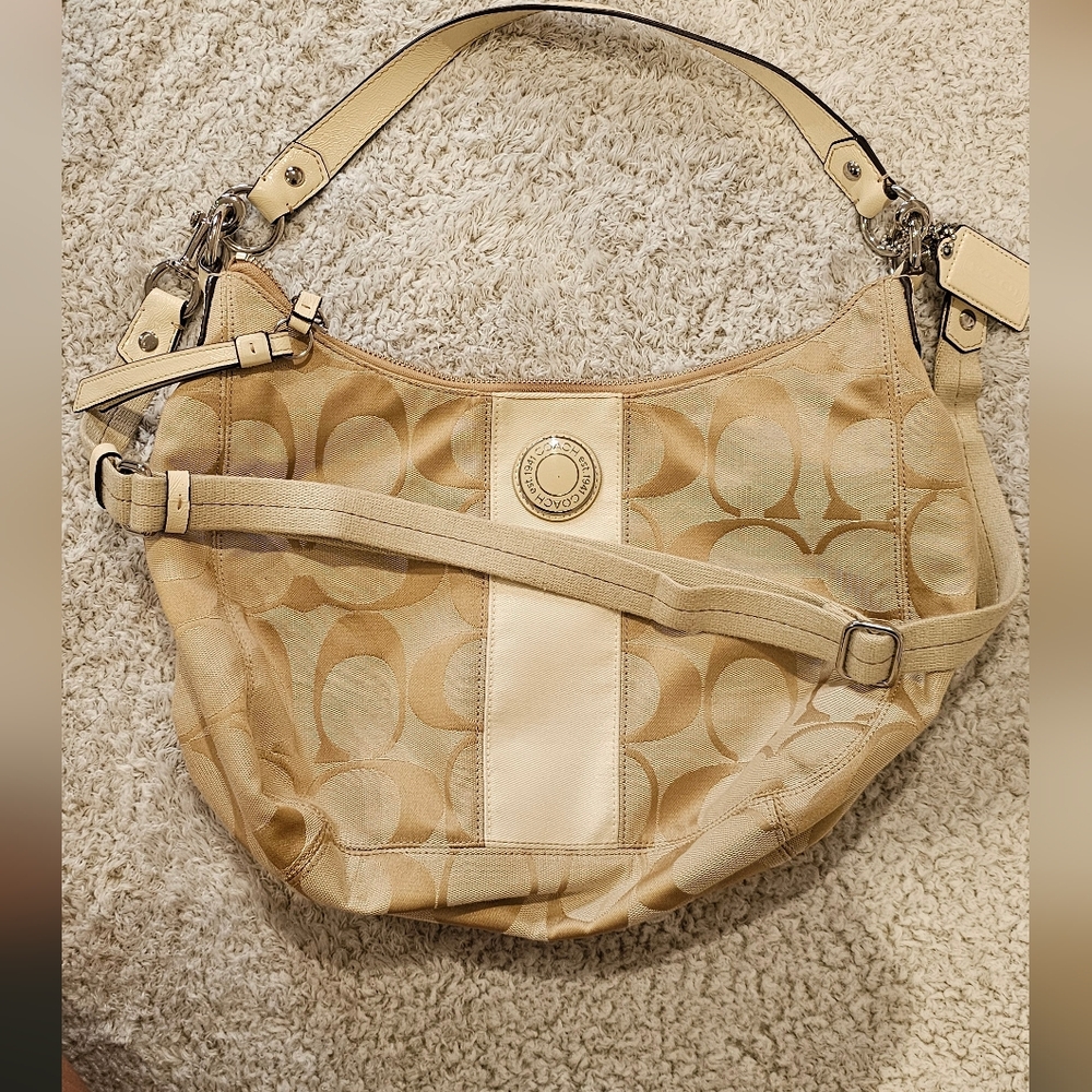 Authentic Vintage Coach Cream Signature Two- Way Bag with Leather Trim
